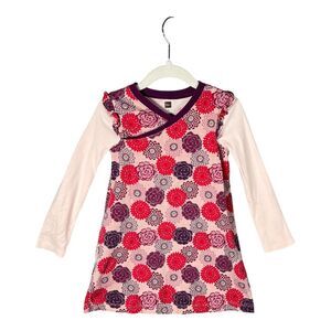 Tea‎ Collection Floral Cotton Dress Girls Size 4 Purple Red White Long Sleeve